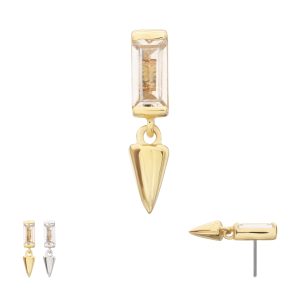 14ktlsmw643c 14Kt Gold Threadless Bezel Baguette Gem Top with Spike Dangle