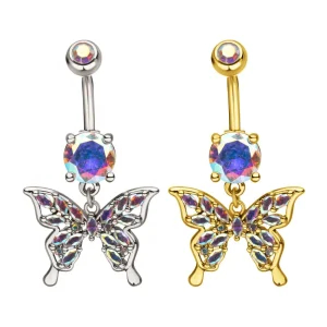 bn7-1023ab Butterfly Dangle with Marquise Aurora Borealis Gem on Prong Set Dangle Navel