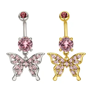 bn7-1023p Butterfly Dangle with Marquise Pink Gem on Prong Set Dangle Navel