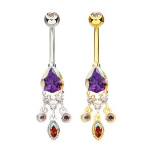 bn7-1024ab Prong Set Teardrop & Round Aurora Borealis & Clear Gem with Triple Bezel Gem Dangle Navel