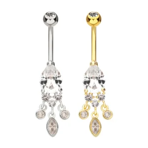 bn7-1024c Prong Set Teardrop & Round Clear Gem with Triple Bezel Gem Dangle Navel