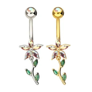 bn7-1025ab Prong Set Aurora Borealis Flower & Emerald Leaf Marquise Gem with Stem Dangle