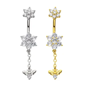 bnq-23903 7-Gem Flower with CZ Bee Dangle Navel