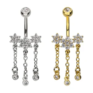 bnq-23904 Flower Gem & CZ Chain Trio Dangle Navel