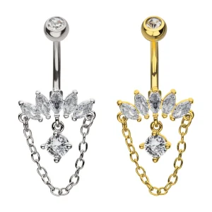 bnq-23905 Marquise Gem Fan with Floating Gem & Chain Dangle Navel