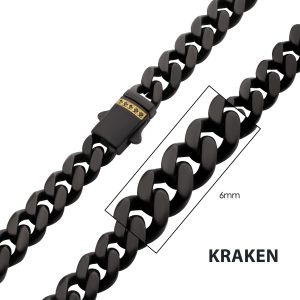 6mm Black IP Steel Matte Finish Miami Cuban Chain Necklace with Genuine Black Sapphire Gem