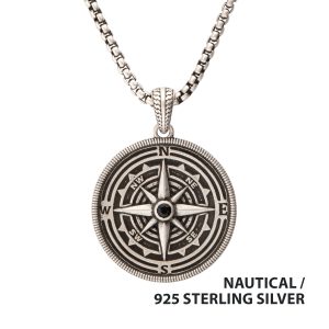 925 Sterling Silver Compass Pendant with 3mm Black Spinel Gemstone