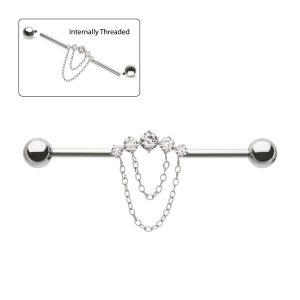 tibid13490c Titanium Internally Threaded 5 Round Prong Set Gem Cluster with 2-Tier Chain & Ball End Industrial Barbell