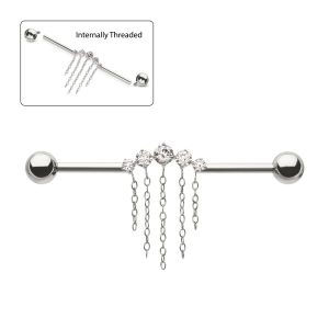 tibid14490c Titanium Internally Threaded 5 Round Prong Set Gem Cluster with 5 Chain Dangle & Ball End Industrial Barbell