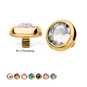 tigptd2430 14g 24Kt Gold PVD Titanium Internally Threaded Low Profile Bezel Set Swarovski Crystal Dermal Top