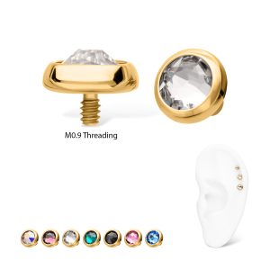 tigptd2625 16g 24Kt Gold PVD Titanium Internally Threaded Low Profile Bezel Set Swarovski Crystal Dermal Top