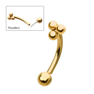 tip24ktlscv1061-1.jpg 24kt Gold PVD Titanium Tri-Bead Fixed Top with Threadless Bottom Curved Barbell