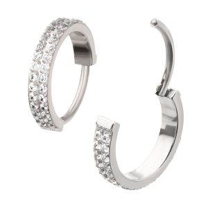 tiptsgrhe Platinum PVD Titanium Double Row 1mm Prong Set Gem Side Facing Huggie Hinged Segment Clicker