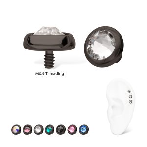tipvdktd2625 16g Black PVD PVD Titanium Internally Threaded Low Profile Bezel Set Swarovski Crystal Dermal Top