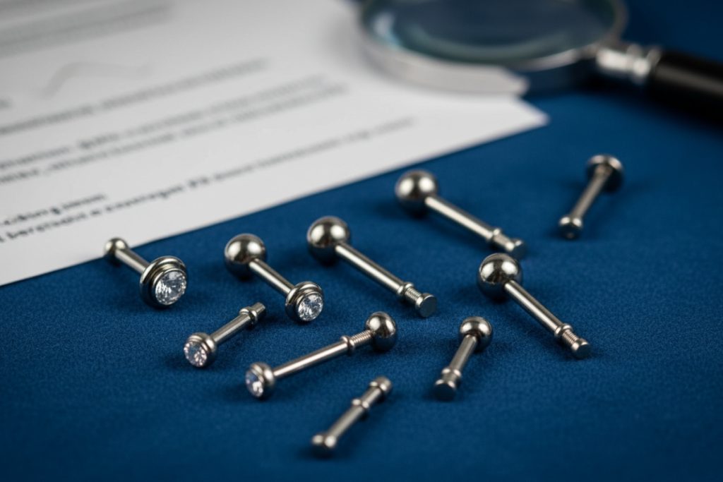 Various titanium body jewelry pieces, a magnifying glass, and a document with text, all on a blue surface.