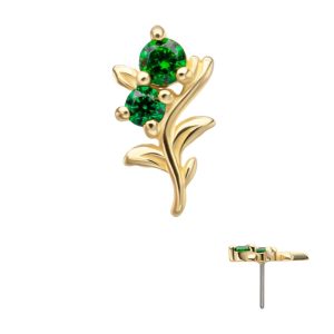 14Kt Yellow Gold Threadless Low Profile 3-Prong Duo Gem "Emerald Sprout" Top