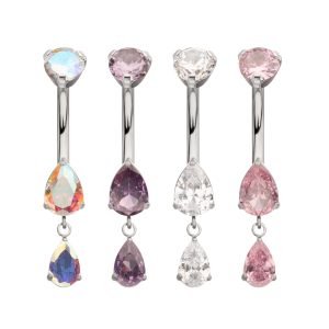 Titanium Internally Threaded Double Dangle Prong Set Teardrop Gem Navel