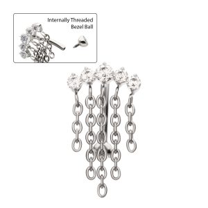 ticihc1261c Titanium Internally Threaded 5-Cluster Prong Gem Fixed Top Curved Barbell with 5 Chain Dangle