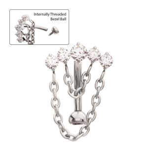 ticihc1361c Titanium Internally Threaded 5-Cluster Prong Gem Fixed Top Curved Barbell with 2 Tier Chain Dangle