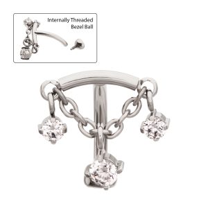 ticihc1461c Titanium Internally Threaded Fixed Top Curved Barbell with Triple Floating Prong Gem Dangle