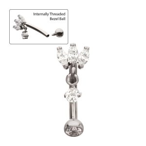 ticihc1561c Titanium Internally Threaded V-Prong Triple Marquise Gem Fixed Top Curved Barbell with Floating Prong Gem Dangle