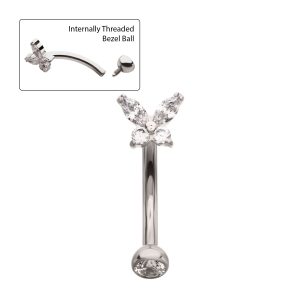 ticihc1661c Titanium Internally Threaded Butterfly Fixed Top Curved Barbell with Prong Set Marquise & Round Gem