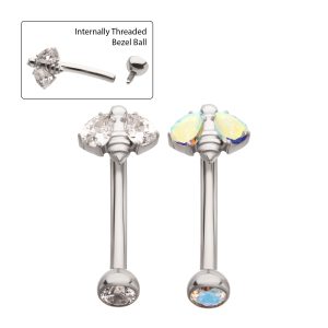 ticihc1761 Titanium Internally Threaded Bee Fixed Top Curved Barbell with Prong Set Teardrop Gem