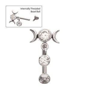 ticihc1861c Titanium Internally Threaded Gem Triple Moon Phase Fixed Top Curved Barbell with Floating Bezel CZ Dangle