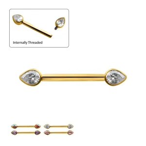 24Kt Gold PVD Titanium Bezel Set Teardrop Gem End Nipple Barbell (One Side Fixed, One Side Internally Threaded) | Sold by piece