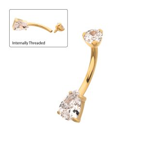 24Kt Gold PVD Titanium Internally Threaded Double Gem with Prong Set Teardrop Fixed Bottom Navel