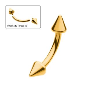 tip24kci612 24KT Gold PVD Titanium Internally Threaded Spike End Curved Barbell