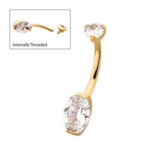 24Kt Gold PVD Titanium Internally Threaded Double Gem with Prong Set Oval Fixed Bottom Navel