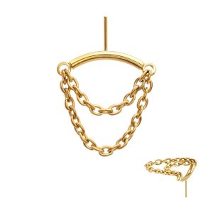 24Kt Gold PVD Titanium Threadless Vertical Helix Curved Bar Top with 2-Tier Chain Dangle