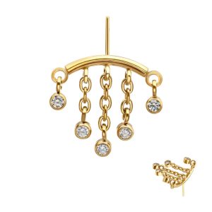24Kt Gold PVD Titanium Threadless Vertical Helix Curved Bar Top with 5-Chain Bezel Gem Dangle