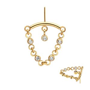 24Kt Gold PVD Titanium Threadless Vertical Helix Curved Bar Top with CZ Chain Dangle & Floating Gem