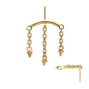24Kt Gold PVD Titanium Threadless Vertical Helix Curved Bar Top with 3 Spiked Chain Dangle