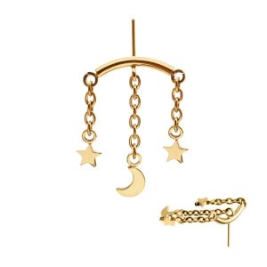 24Kt Gold PVD Titanium Threadless Vertical Helix Curved Bar Top with Crescent Moon and Star 3-Chain Dangle