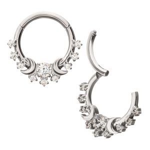 Titanium Triple Moon Phase with Prong Set Gem Cluster Front Facing Hinged Segment Clicker