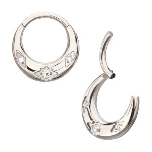 tisgrhck1261c Titanium Triple Etched Design with Prong Set Gem Sleek Dome Septum Front Facing Hinged Segment Clicker