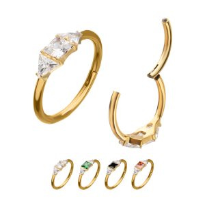24Kt Gold PVD Titanium Linear Princess & Round Trio Gem Side Facing Hinged Segment Clickers