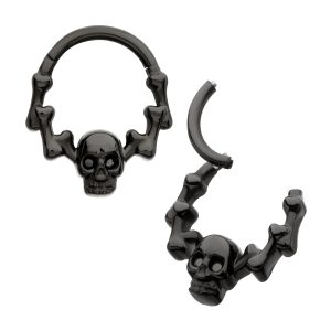 tisgrhskl2608k Black PVD Titanium Skull & Bone with Black CZ Gem Eyes Front Facing Hinged Segment Clicker