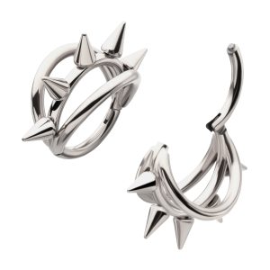 tisgrhspk361 Titanium Five-Spiked Open Stack Triple Hoop Hinged Segment Clicker