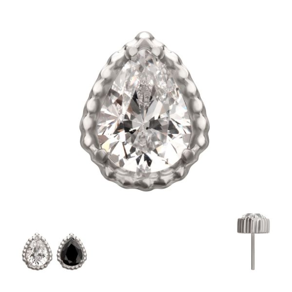 titlsbd02 Titanium Threadless Beaded Edge Prong Set Teardrop CZ Gem Top