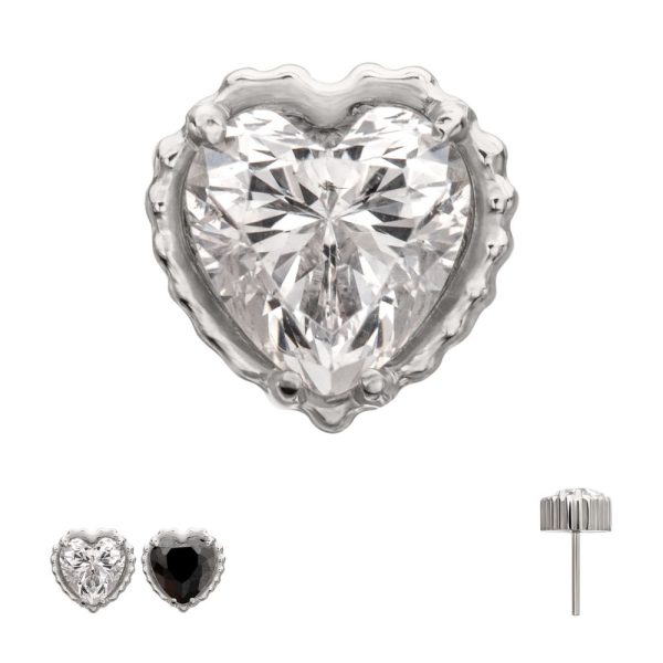 titlsbd04 Titanium Threadless Beaded Edge Prong Set Heart CZ Gem Top