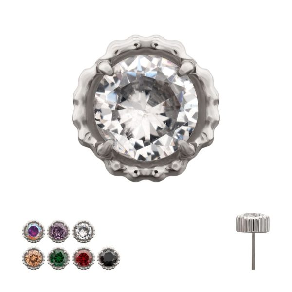 titlsbd05 Titanium Threadless Beaded Edge Prong Set CZ Round Gem Top