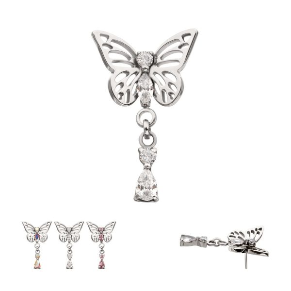 titlsfb11 Titanium Threadless Butterfly Top with Prong Set 2-Gem Dangle