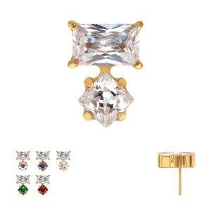 24Kt Gold PVD Threadless "Baguette Duo" Prong Set Gem Top