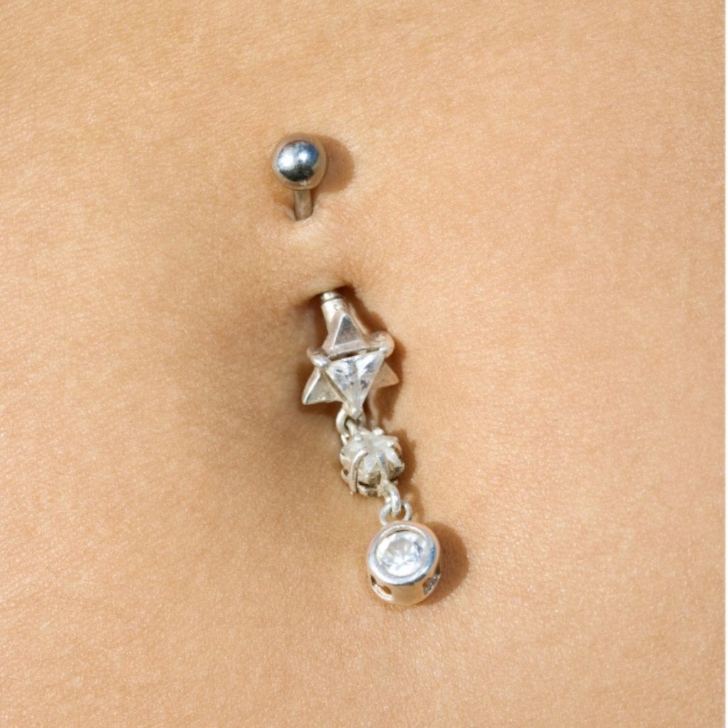 Silver belly button piercing with crystal dangle charm