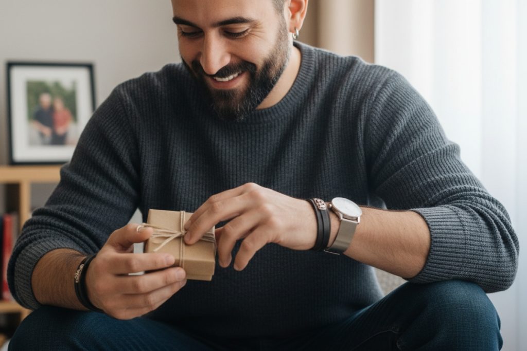 Man opening gift box with men's jewelry accessory present