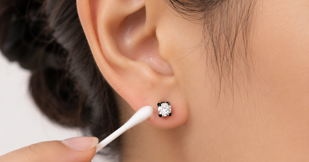 Cleaning Fresh Ear Piercing With Saline Solution